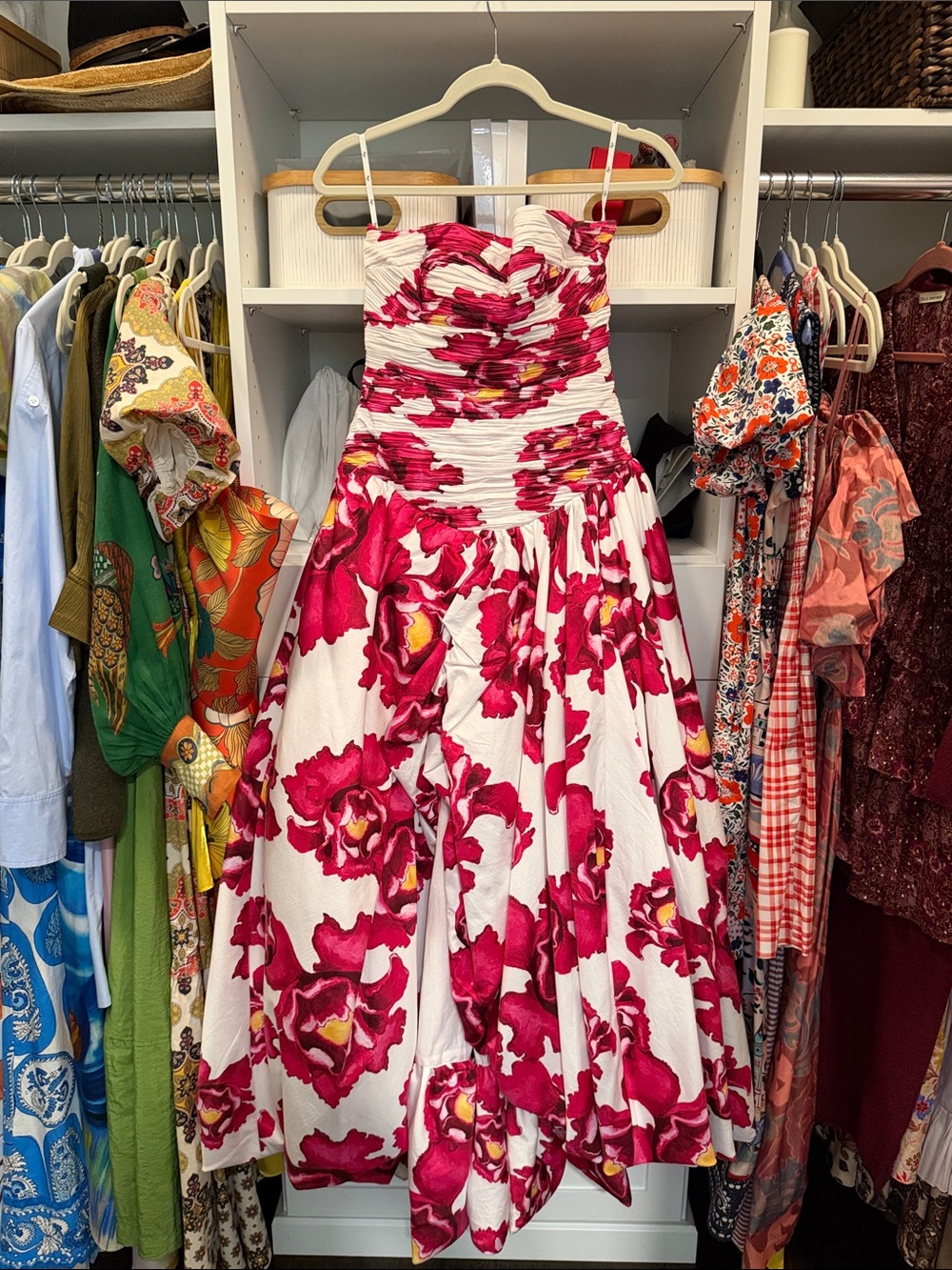 Aje Strapless Floral Midi Dress in White and Fuchsia